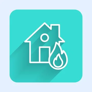 White line Fire in burning house icon isolated with long shadow background... Stock Illustration