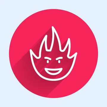 White line Fire flame icon isolated with long shadow. Red circle button. Vector Stock Illustration