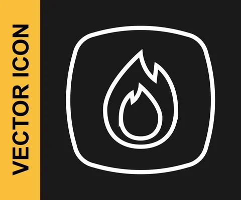 White line Fire flame icon isolated on black background. Vector Stock Illustration