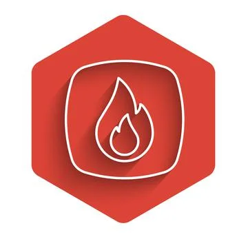 White line Fire flame icon isolated with long shadow background. Red hexagon 스톡 일러스트