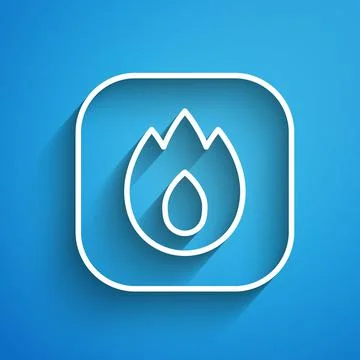 White line Fire flame icon isolated on blue background. Long shadow. Vector Stock Illustration