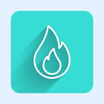 White line Fire flame icon isolated with long shadow. Green square button 스톡 일러스트