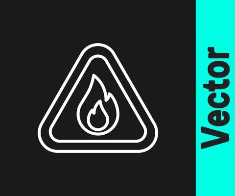 White line Fire flame in triangle icon isolated on black background. Warning Stock Illustration