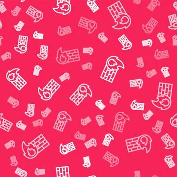 White line Firewall, security wall icon isolated seamless pattern on red back Stock Illustration