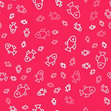 White line Fish icon isolated seamless pattern on red background. Vector 스톡 일러스트