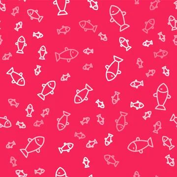 White line Fish icon isolated seamless pattern on red background. Vector Stock Illustration