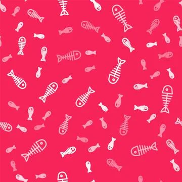 White line Fish skeleton icon isolated seamless pattern on red background. Fish Stock Illustration