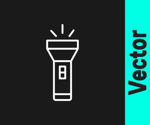 White line Flashlight icon isolated on black background. Vector Illustrazione stock
