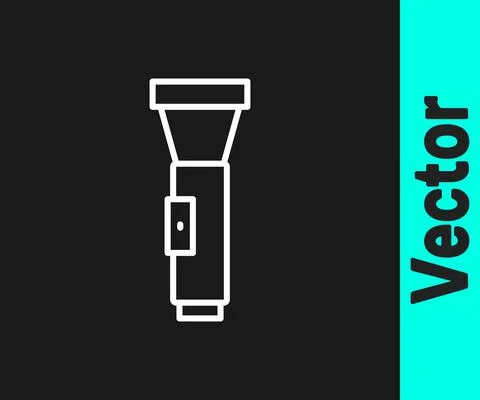 White line Flashlight icon isolated on black background. Vector Illustrazione stock