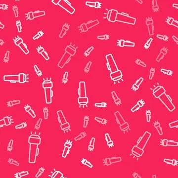 White line Flashlight icon isolated seamless pattern on red background. Vector Stock Illustration