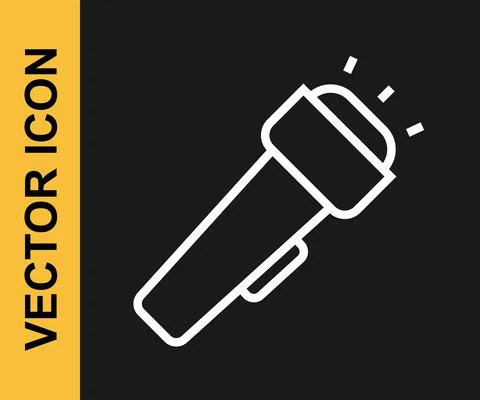 White line Flashlight icon isolated on black background. Vector Stock Illustration