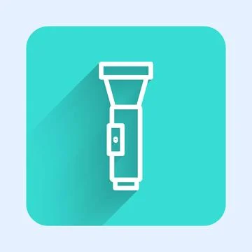 White line Flashlight icon isolated with long shadow background. Green squa.. Stock Illustration