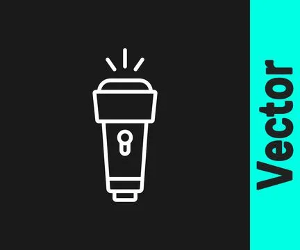White line Flashlight icon isolated on black background.  Vector Stock Illustration