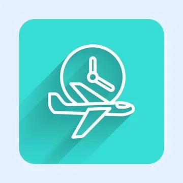 White line Flight time icon isolated with long shadow background. Green square Stock Illustration
