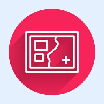 White line Folded map icon isolated with long shadow background. Red circle Stock Illustration