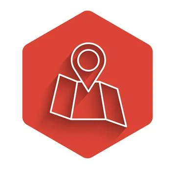 White line Folded map with location marker icon isolated with long shadow. Red Stock Illustration