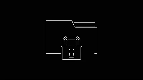 White line Folder and lock icon isolated on black background. Closed folder and Video stock 147225828