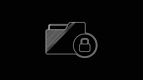 White line Folder and lock icon isolated on black background. Closed folder and Video stock 203699242
