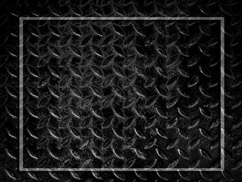 White line frame with blank space on black metallic checker plate anti-slip.. Stock Photos