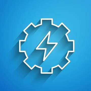White line Gear and lightning icon isolated on blue background. Electric po.. Stock Illustration