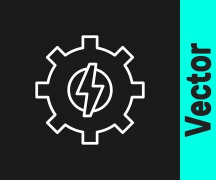 White line Gear and lightning icon isolated on black background. Electric p.. Illustrazione stock