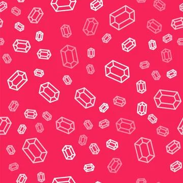 White line Gem stone icon isolated seamless pattern on red background. Jewelr 스톡 일러스트