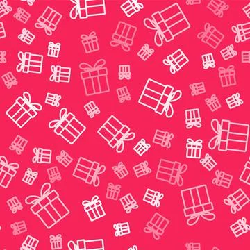 White line Gift box icon isolated seamless pattern on red background. Merry Illustrazione stock