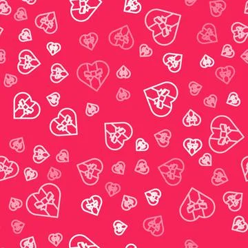 White line Gift box icon isolated seamless pattern on red background. Merry 스톡 일러스트