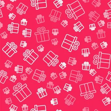 White line Gift box icon isolated seamless pattern on red background. Vector 스톡 일러스트