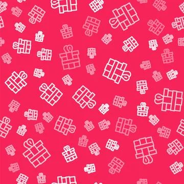White line Gift box icon isolated seamless pattern on red background. Vector Illustrazione stock