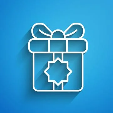 White line Gift box icon isolated on blue background. Holy month, Ramadan, .. Stock Illustration