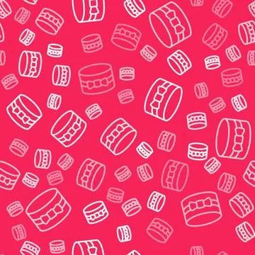 White line Gift box icon isolated seamless pattern on red background. 8 Mar.. 스톡 일러스트