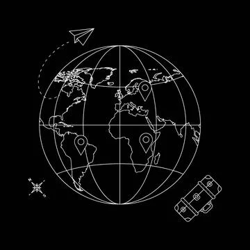 White line of a globe with location pins, a paper airplane, and a suitcase .. Stock Illustration
