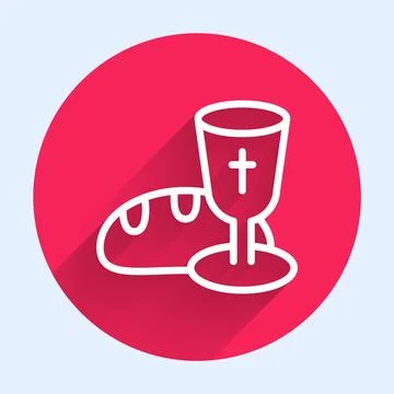 White line Goblet and bread icon isolated with long shadow. Bread and wine cup Stock Illustration