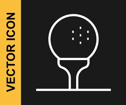 White line Golf ball on tee icon isolated on black background. Vector Illustrazione stock