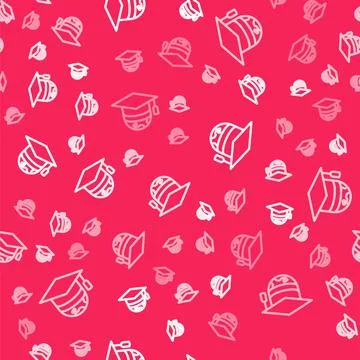 White line Graduation cap on globe icon isolated seamless pattern on red Stock Illustration