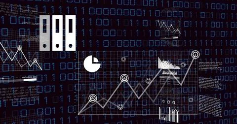 White line graph rising in interface, with binder icons, charts and code over Foto stock