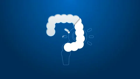 White line Gut constipation icon isolated on blue background. Bowel problems. 4K Stock Footage 144301824