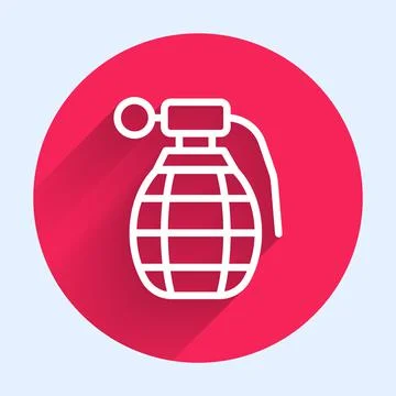 White line Hand grenade icon isolated with long shadow. Bomb explosion. Red Stock Illustration