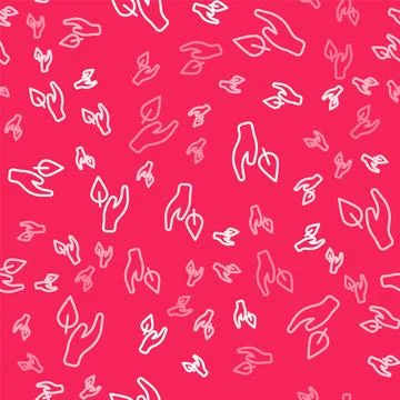 White line Hand hold a leaf of the plant icon isolated seamless pattern on red Stock Illustration