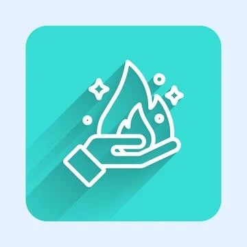 White line Hand holding a fire icon isolated with long shadow background. G.. Stock Illustration