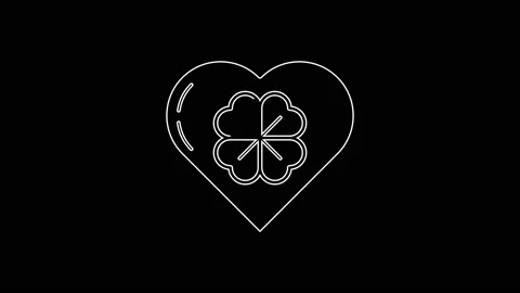 White line Heart with four leaf clover icon isolated on black background. Happy Stock Footage 161981034