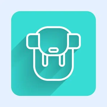 White line Hiking backpack icon isolated with long shadow background. Camping Illustrazione stock