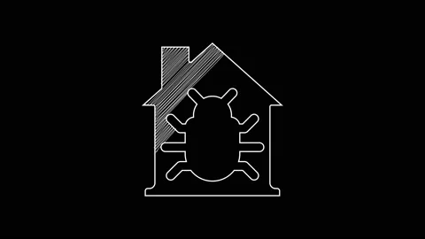 White line House system bug concept icon isolated on black background. Code bug Stock Footage 203348814