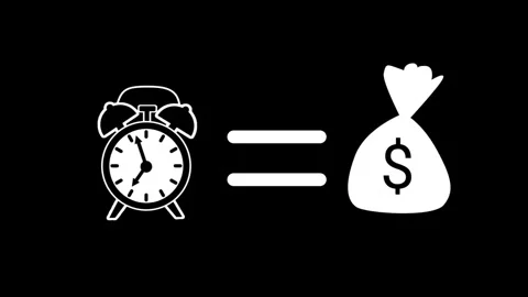 A white line icon animation showing an alarm clock equal to a money bag Stock Footage 334661264