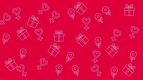 White line icon pattern of female symbols and gifts on red background Stock Footage 344875456