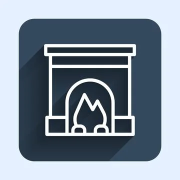 White line Interior fireplace icon isolated with long shadow background. Blue Illustrazione stock
