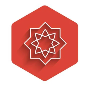 White line Islamic octagonal star ornament icon isolated with long shadow Stock Illustration