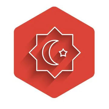 White line Islamic octagonal star ornament icon isolated with long shadow Stock Illustration