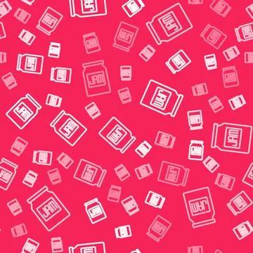 White line Jam jar icon isolated seamless pattern on red background. Vector Stock Illustration